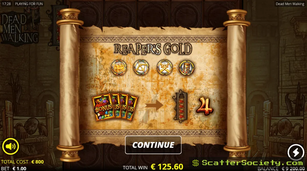 Dead Men Walking Reaper's Gold bonus grid showing multiple gold coin symbols with feature coins activating immediately