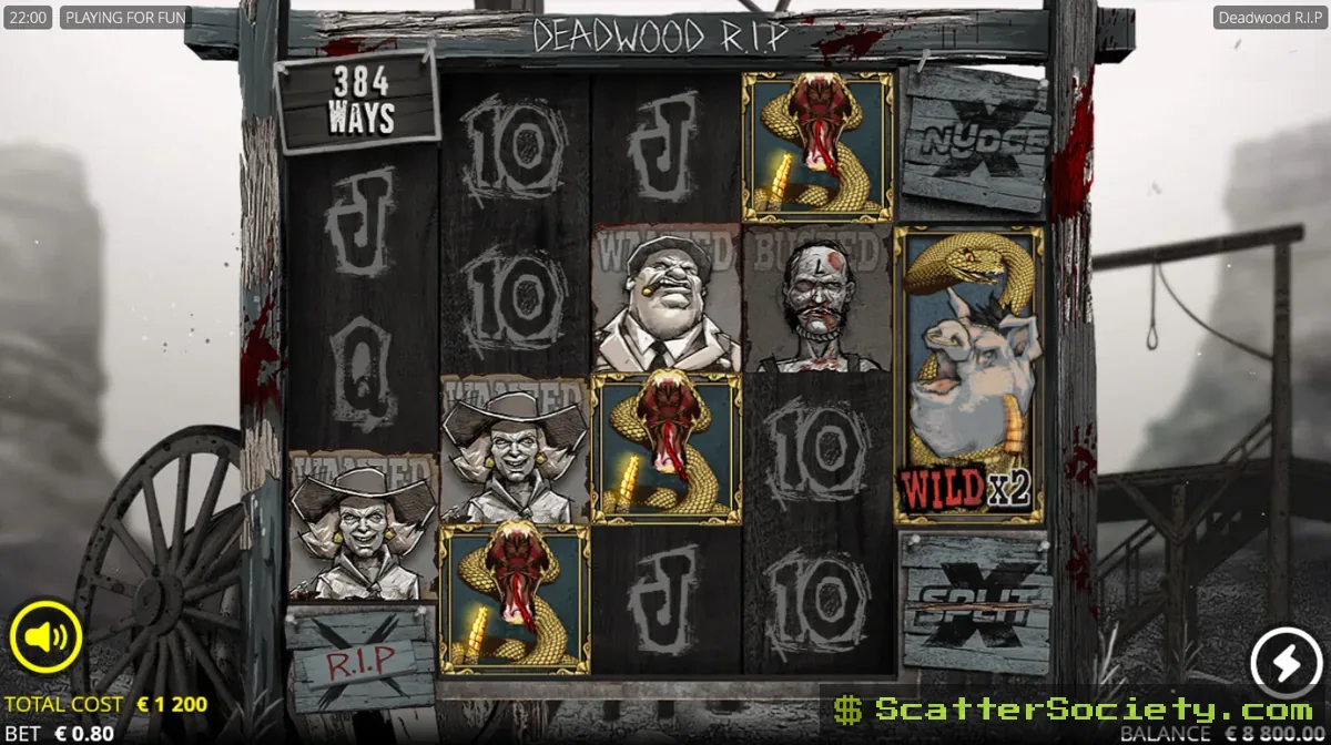Deadwood R.I.P base game grid showing a stacked xNudge Wild symbol nudging across the middle reels
