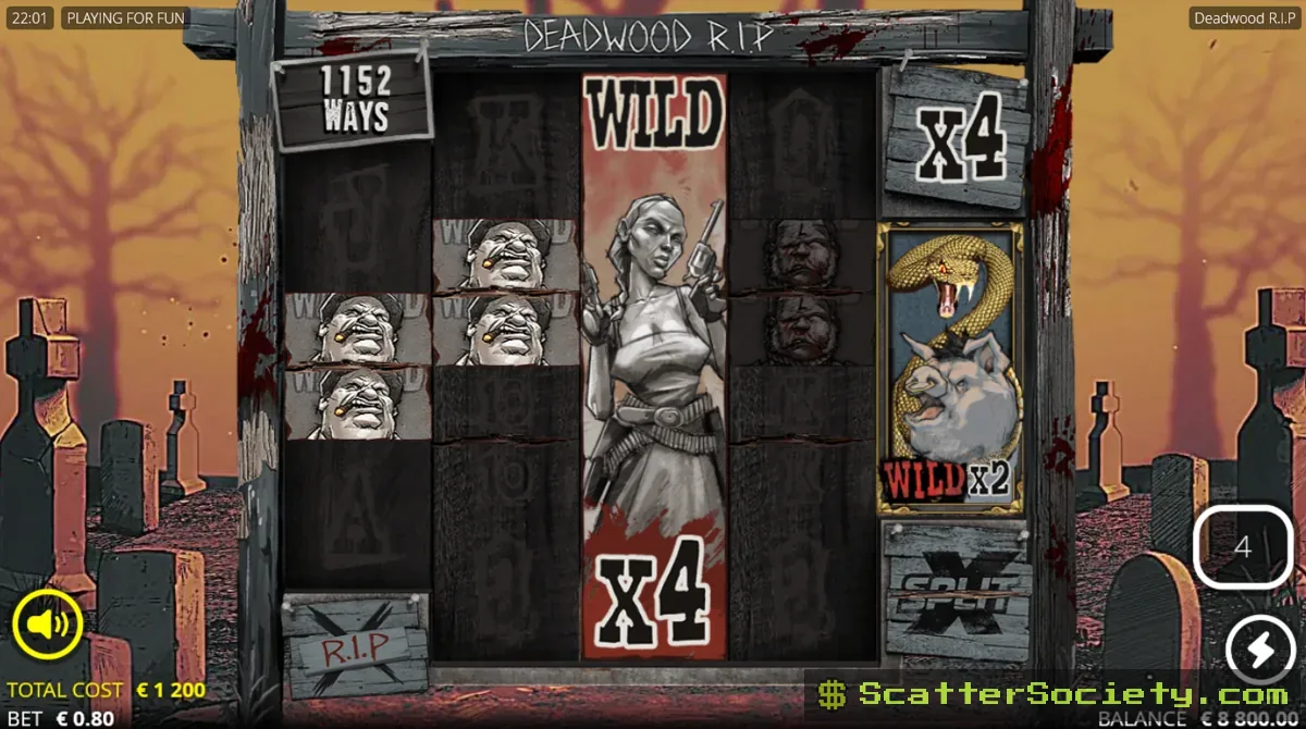 Deadwood R.I.P Salvation Spins bonus screen showing multiple split symbols and a rising global multiplier value