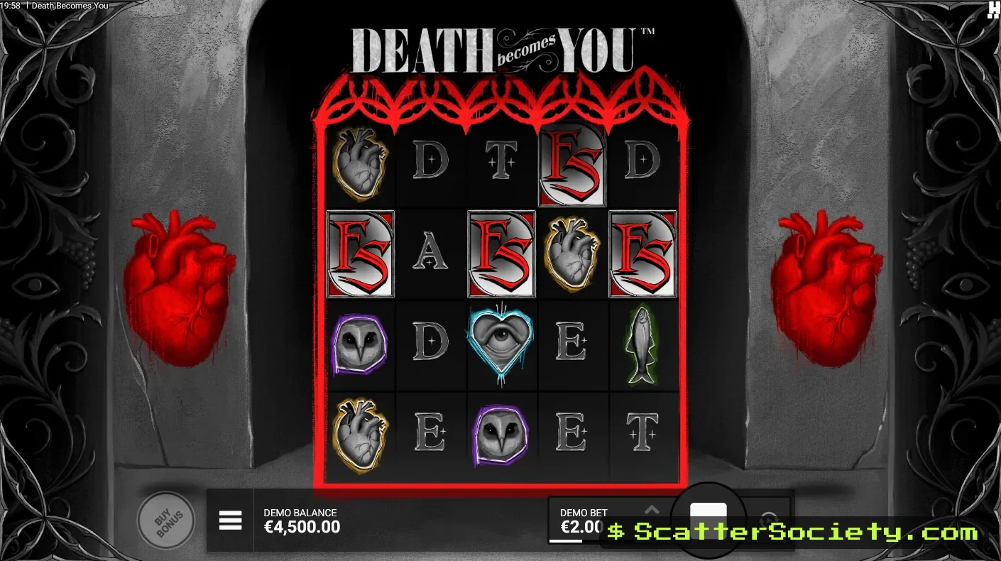 Death Becomes You base game grid showing a VS symbol expanding into a DuelReel with a dueling monster multiplier