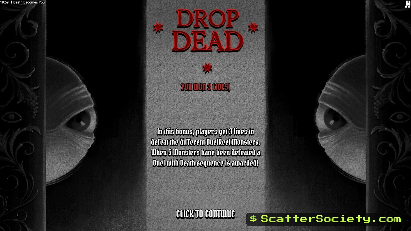 Death Becomes You grid showing the letters spelling DEATH across a row to trigger the Duel with Death respin