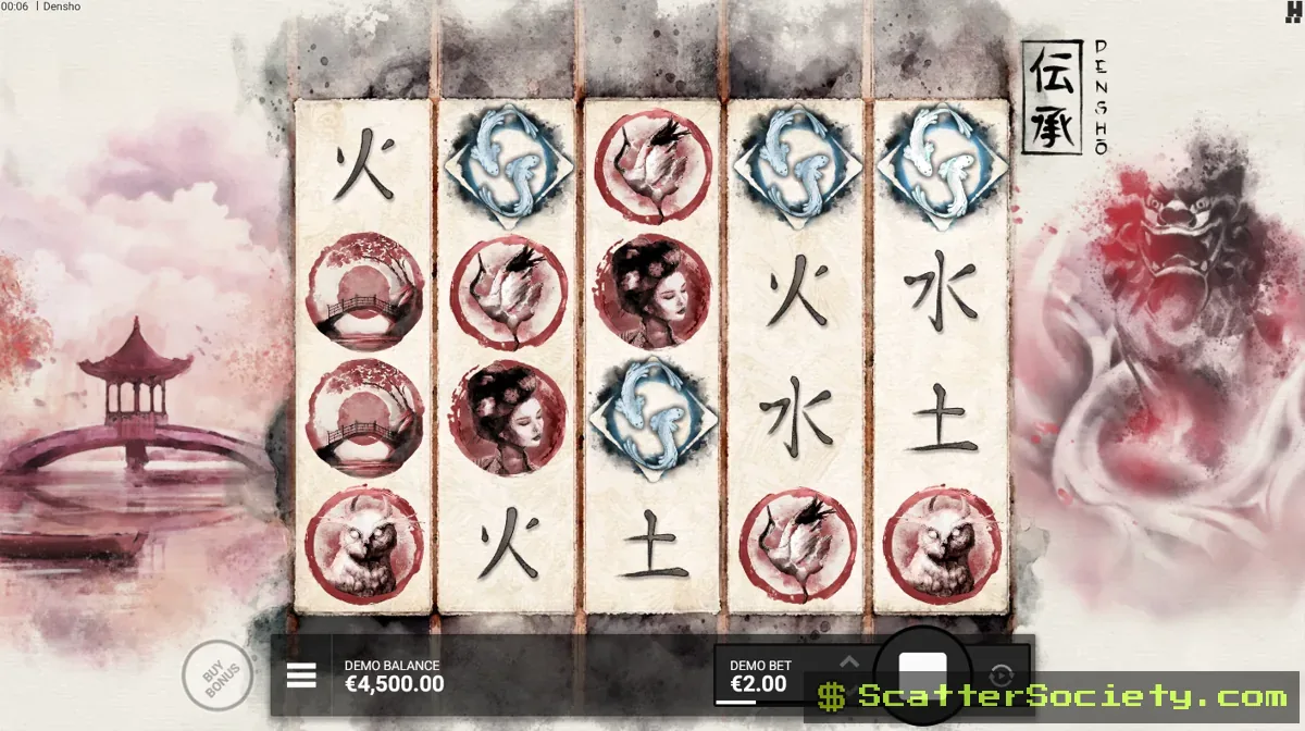 Densho base game grid showing a tier-one Densho symbol carrying an attached multiplier value