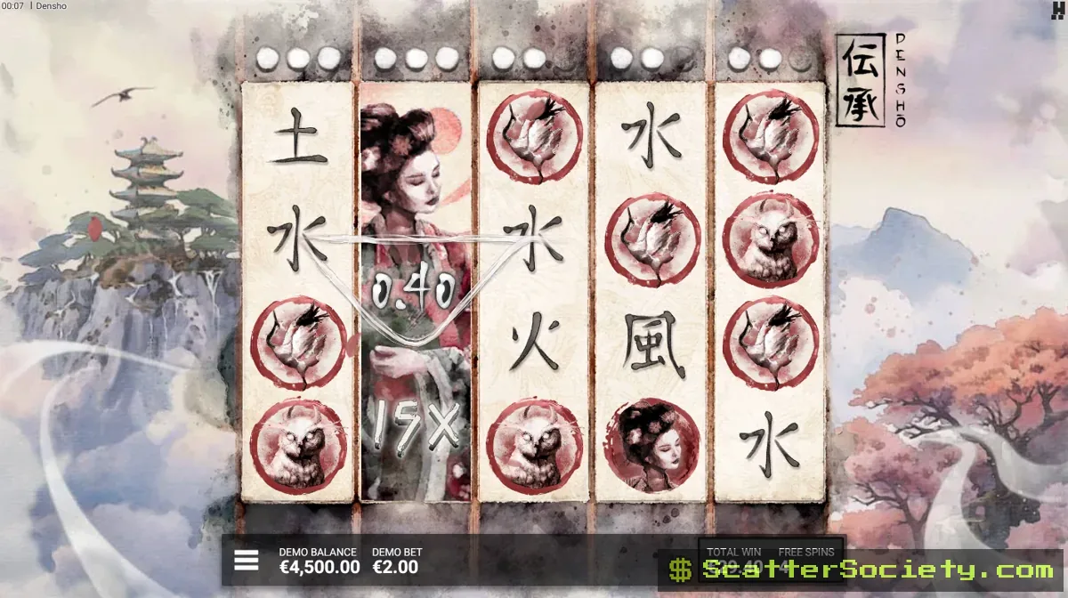 Densho Super Free Spins bonus screen showing multiple high-tier Densho symbols stacking large multiplier values together