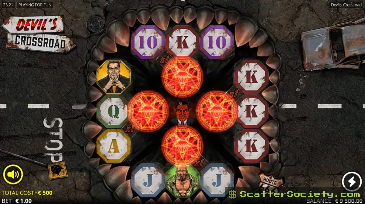 Devil's Crossroad grid showing four cross sections connected by a central Devil Wild symbol