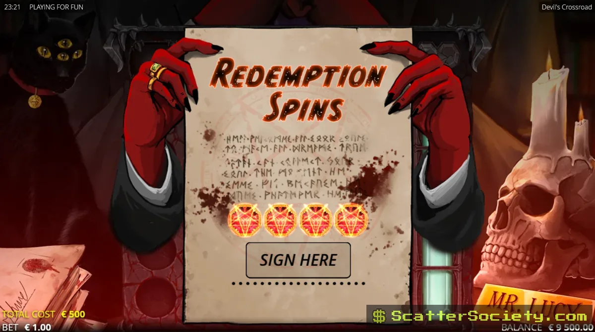 Devil's Crossroad grid showing multiple symbols clearing simultaneously across all four cross sections with rising multiplier values