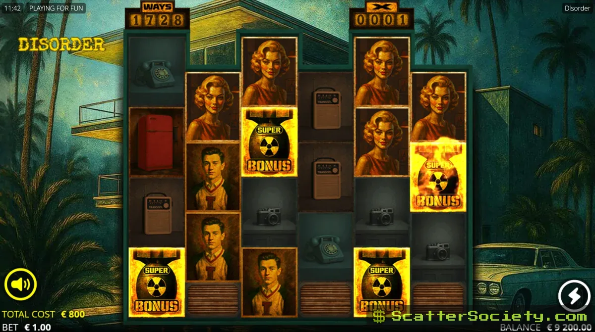 Disorder base game grid showing multiple Fire Frame symbols splitting regular symbols across the reels