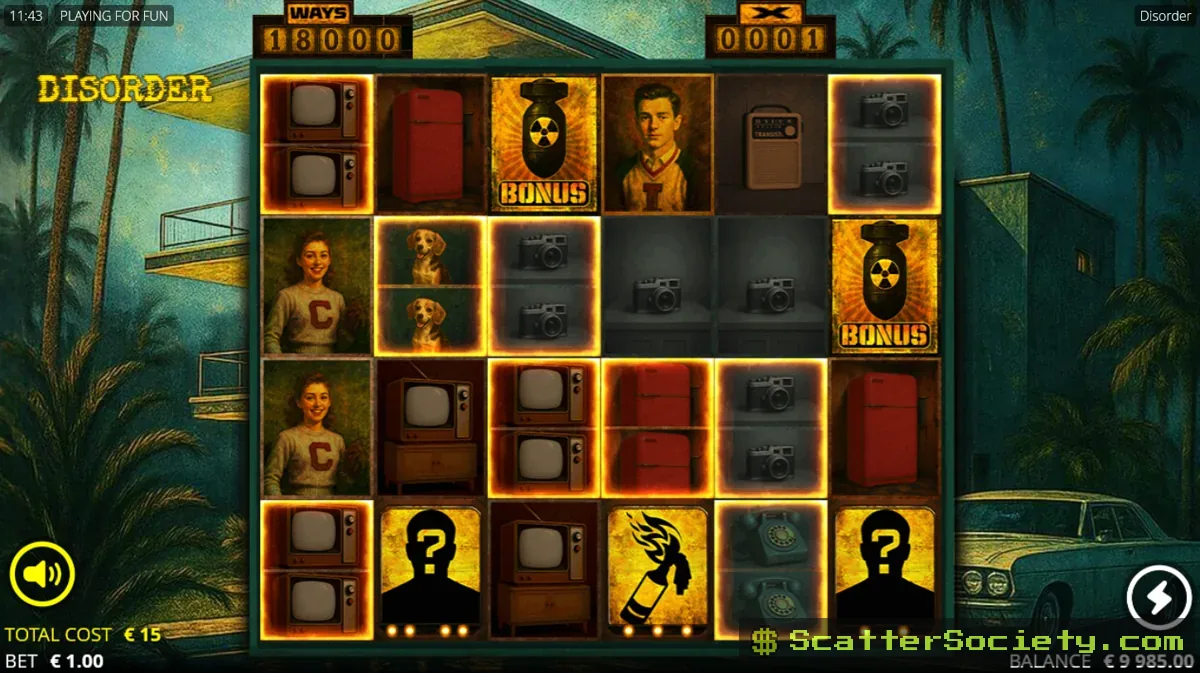 Disorder free spins bonus screen showing a large multiplier total during Severe Dissociative Identity Spins
