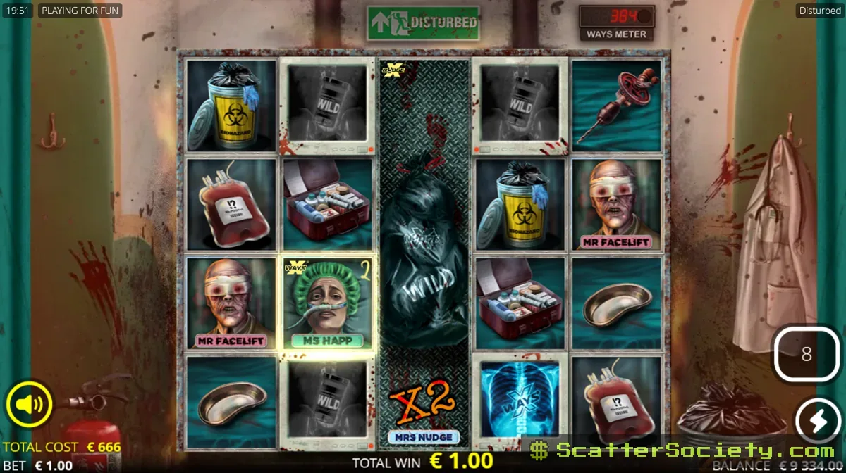 Disturbed Angel of Death feature showing four lit gravestones alongside a stacked Dr Death symbol on reel 3