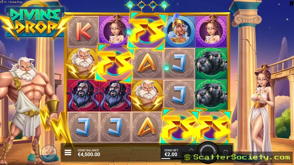 Divine Drop base game grid showing multiple Wild Multiplier symbols carrying attached lives and multiplier values
