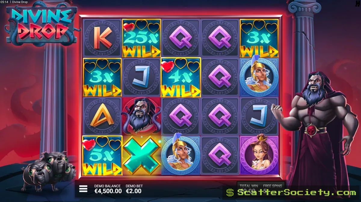 Divine Drop Triple Tricks of Hades bonus screen showing multiple guaranteed Wild Multipliers all carrying a minimum 3x value