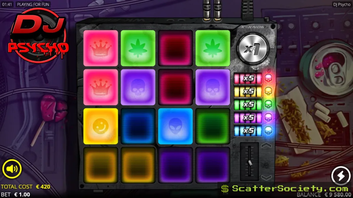 DJ Psycho base game grid showing a cluster of matching colored symbols connecting on the Beat Bar tracker