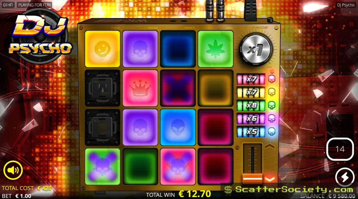 DJ Psycho Psycho Spins bonus screen showing a sticky overall multiplier climbing across multiple cascades