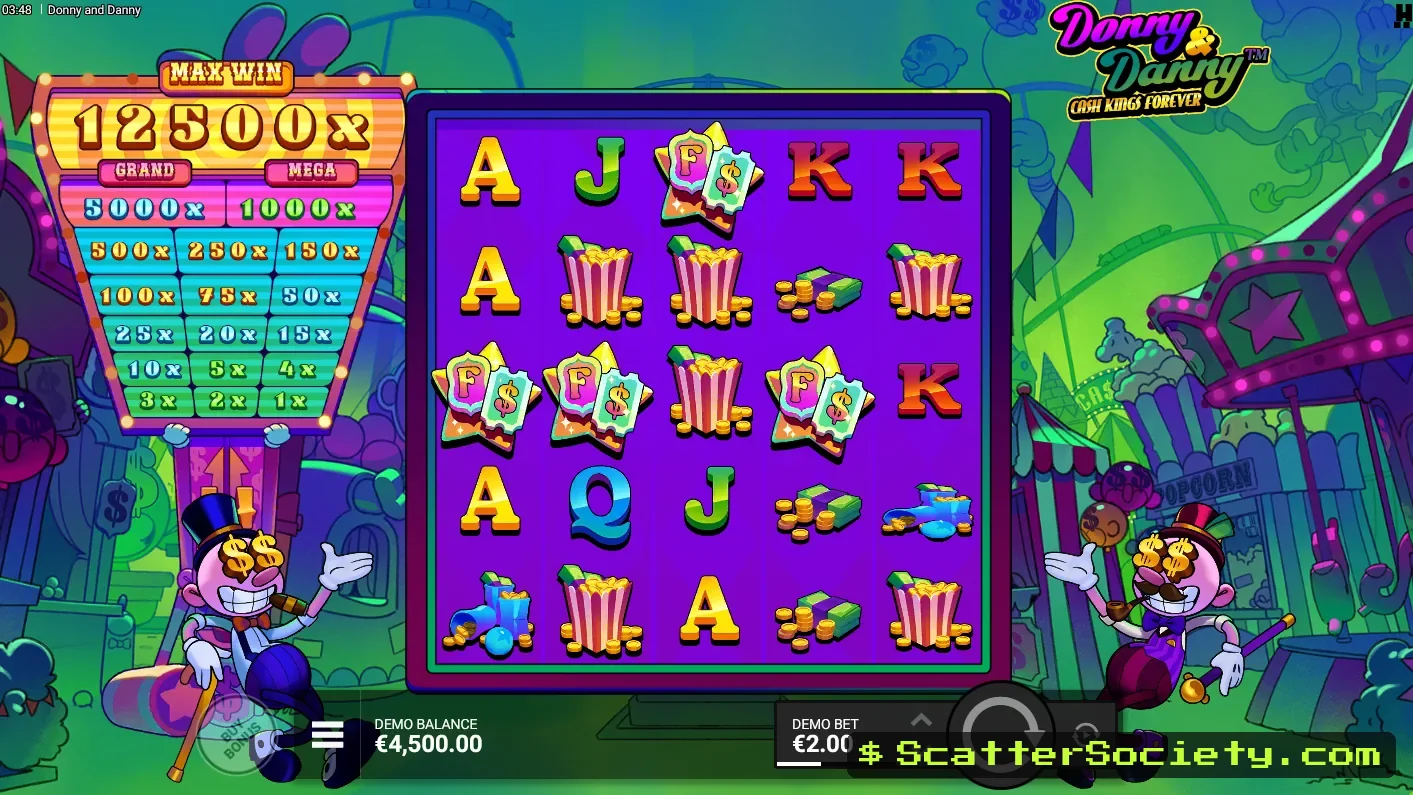 Donny and Danny base game grid showing multiple Donny symbols pulling values from a shared Cash Board