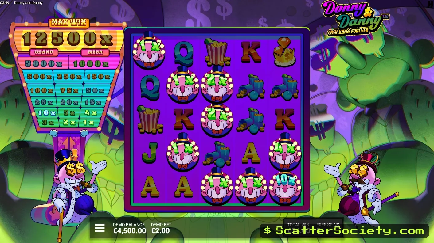 Donny and Danny Cash Kings Forever bonus screen showing a full grid of Donny symbols on the final spin