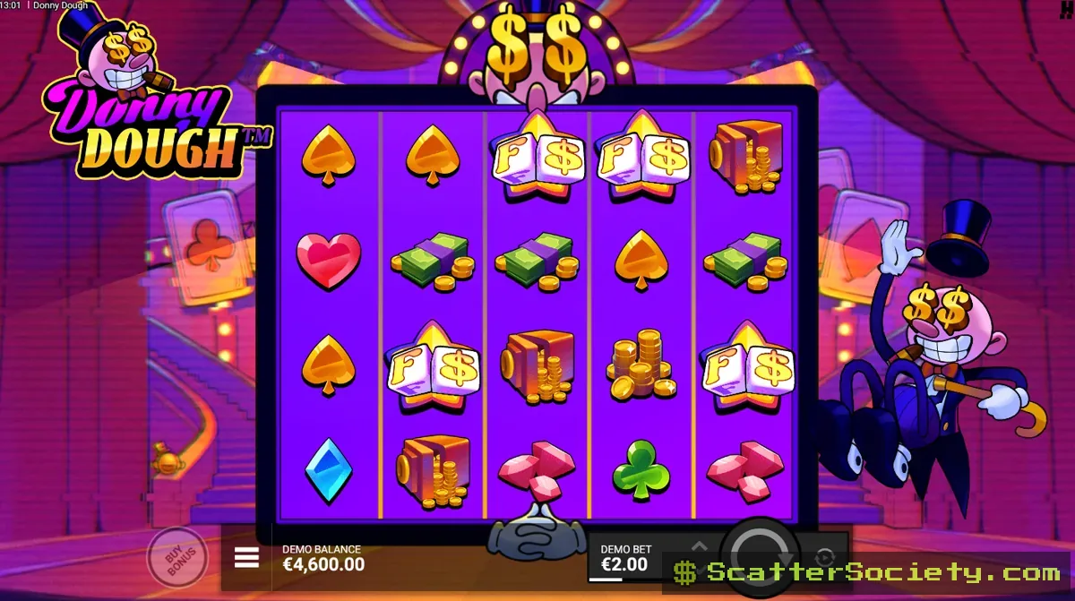 Donny Dough base game grid showing a Multi-Dough symbol carrying a multiplier value on an active payline