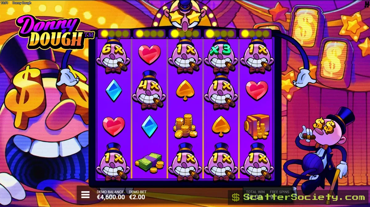 Donny Dough Strike Gold Bonus screen showing multiple sticky dough multipliers compounding across an extended free spins round
