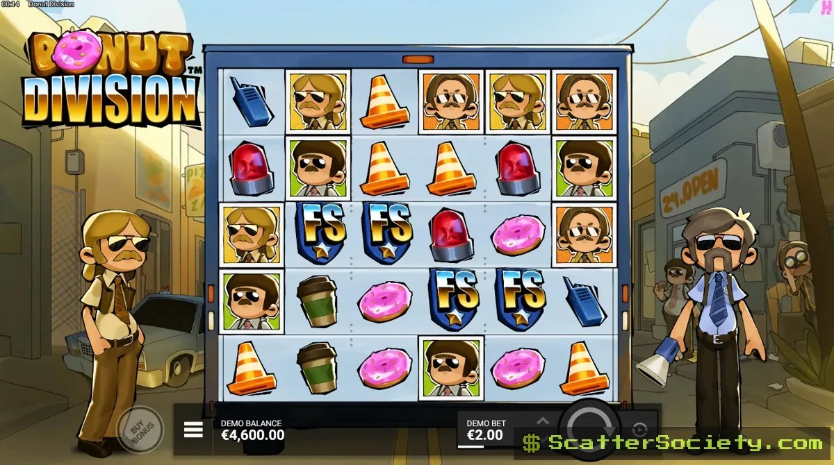 Donut Division base game grid showing a Gooey Gun symbol shooting a Gooey Wild across the leftmost side of its row