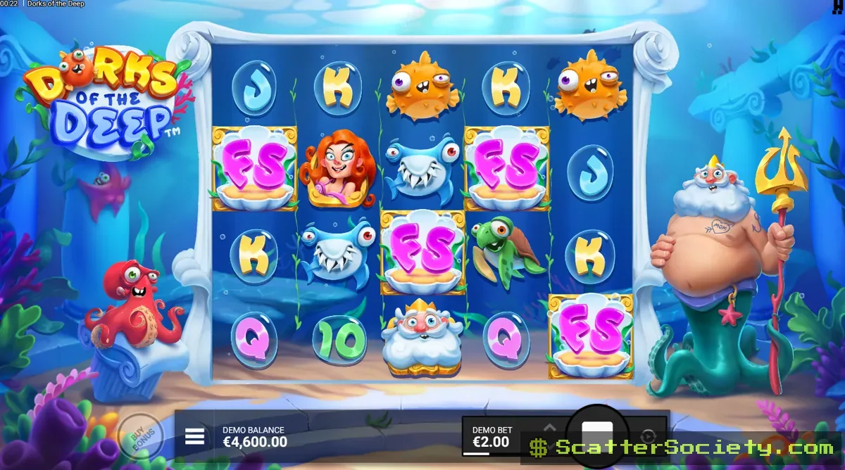 Dorks of the Deep base game grid showing a Treasure Chest symbol opening to reveal an Expanding Wild Reel among quirky underwater creatures