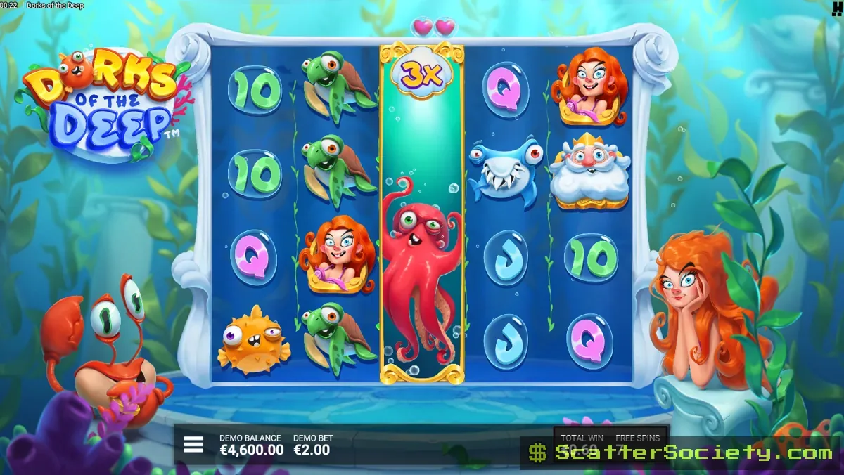Dorks of the Deep Hidden Treasure Bonus screen showing multiple Treasure Chest symbols opening across an extended free spins sequence