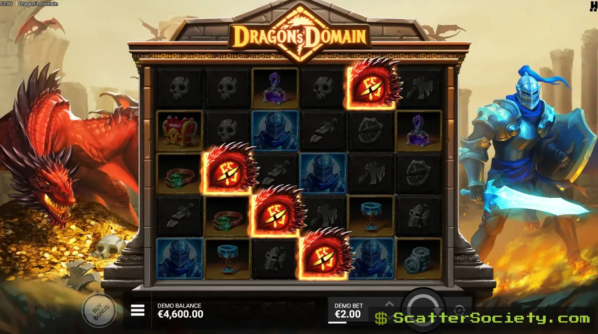 Dragon's Domain base game grid showing a Charred Land symbol carrying a persistent multiplier value that grows across cascades