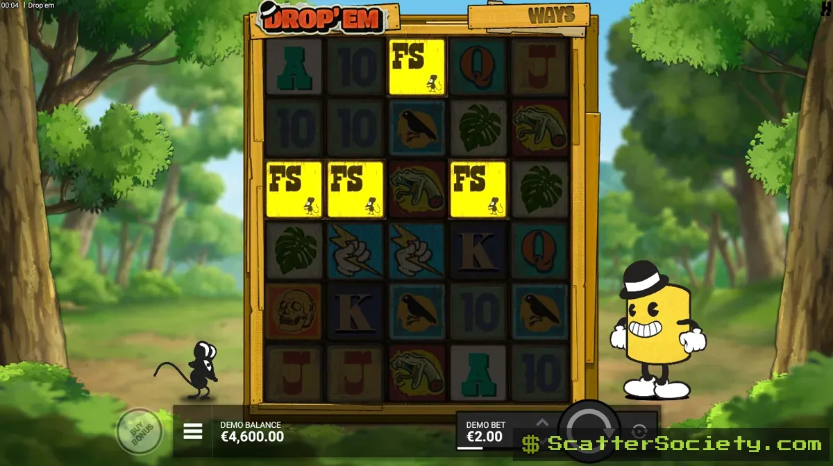 Drop'em base game grid showing a Drop symbol falling toward the bottom of the grid and removing symbols below it