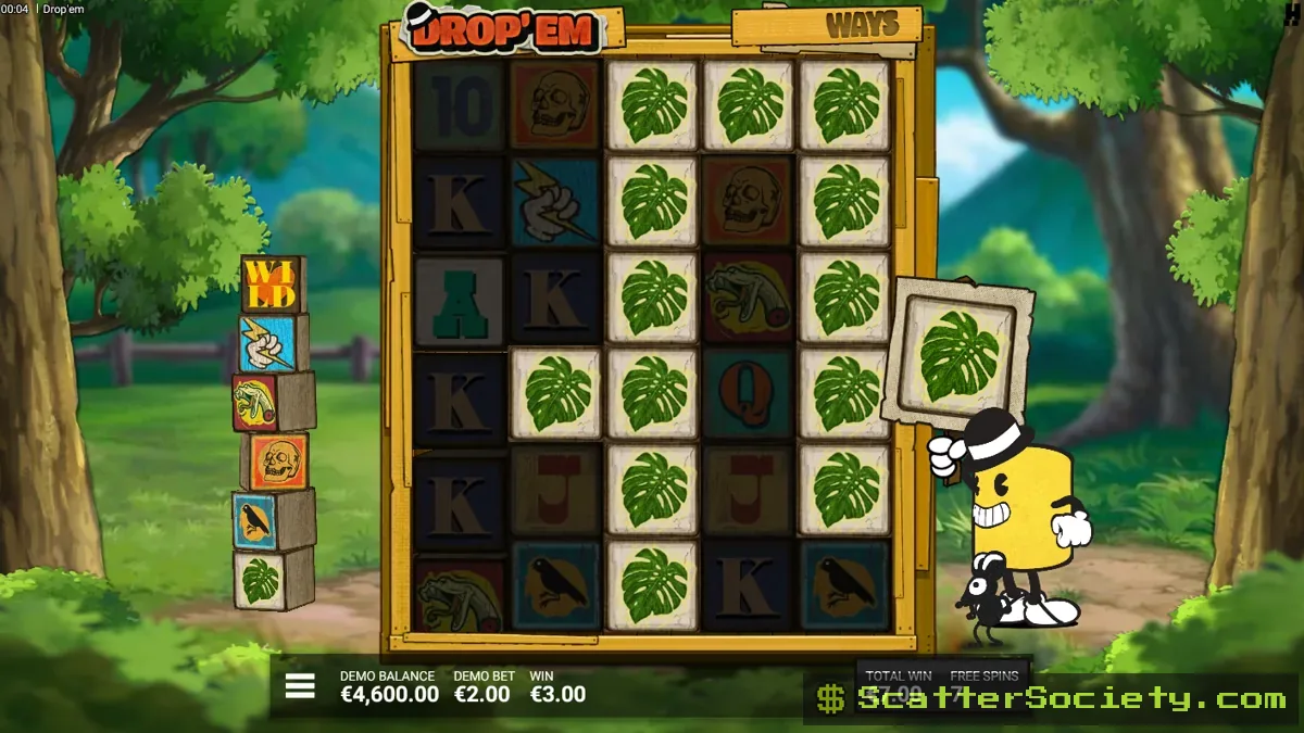 Drop'em free spins bonus screen showing the symbol pool narrowed down to almost entirely wild symbols across the grid