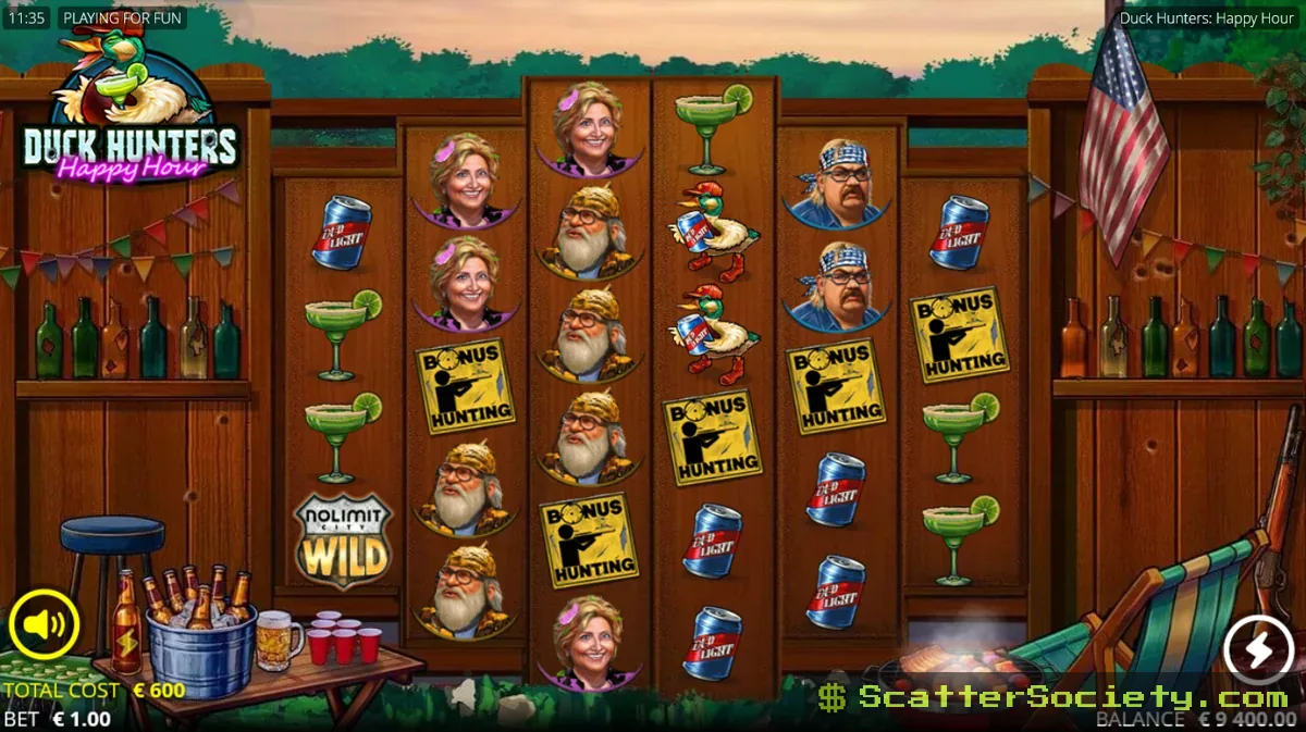 Duck Hunters Happy Hour staggered grid showing multiple duck and character symbols with position multiplier tags