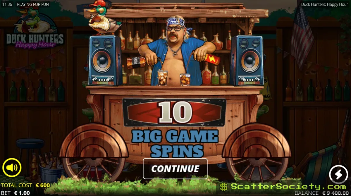 Duck Hunters Happy Hour bonus screen showing an exploding bomb symbol clearing several grid positions