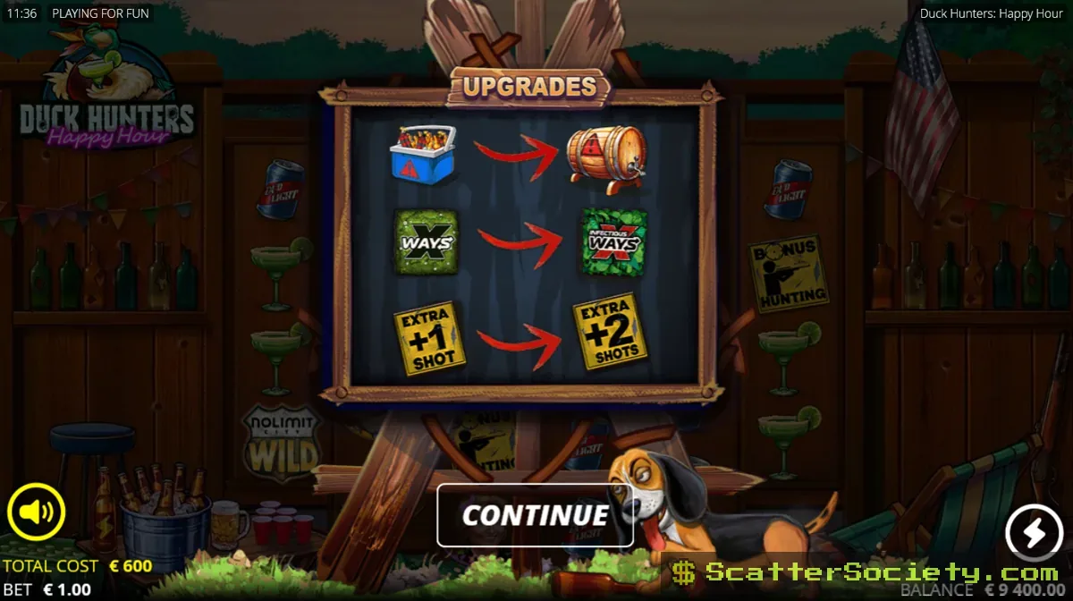 Duck Hunters Happy Hour free spins grid showing stacked x64 and x128 position multiplier symbols