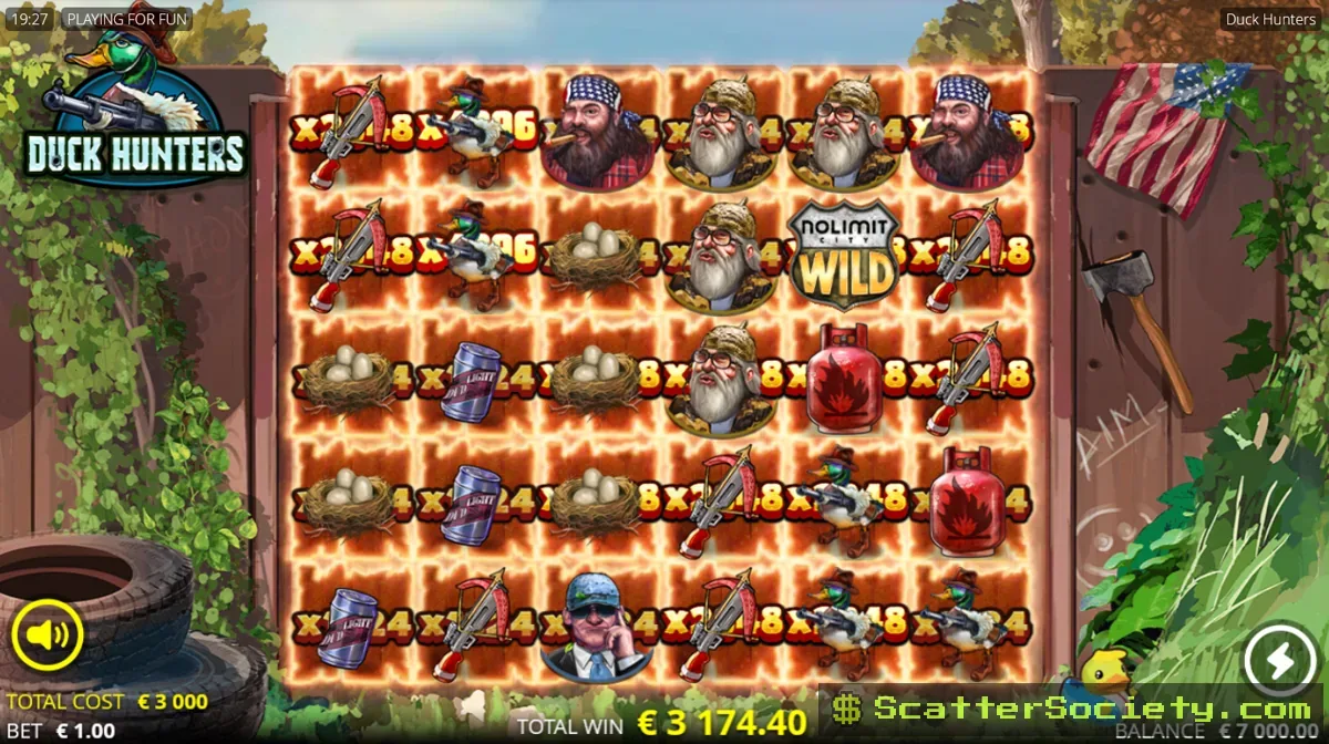 Duck Hunters Big Game Spins bonus screen showing all three upgrades active with expanded bomb radius and infectious xWays symbols