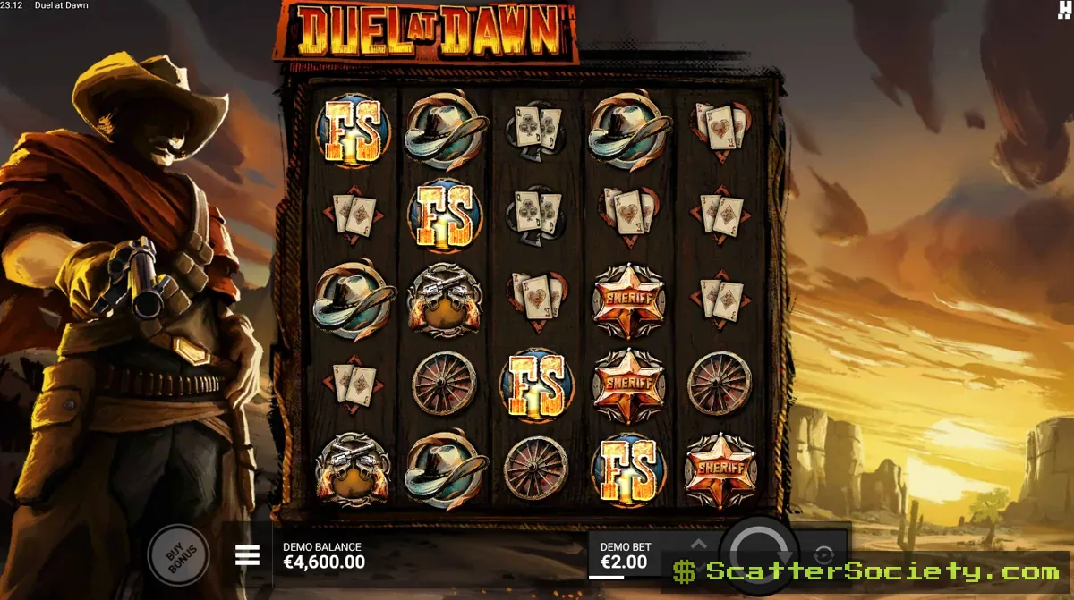 Duel at Dawn base game grid showing a VS symbol expanding to cover an entire reel before triggering a duel between the Outlaw and Sheriff