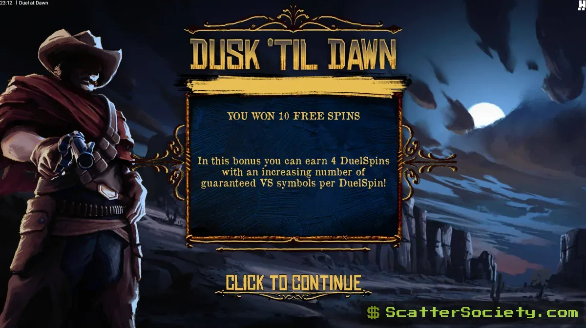 Duel at Dawn grid showing an Outlaw wild reel revealing a revolver with multiple bullets shooting wild symbols onto the grid