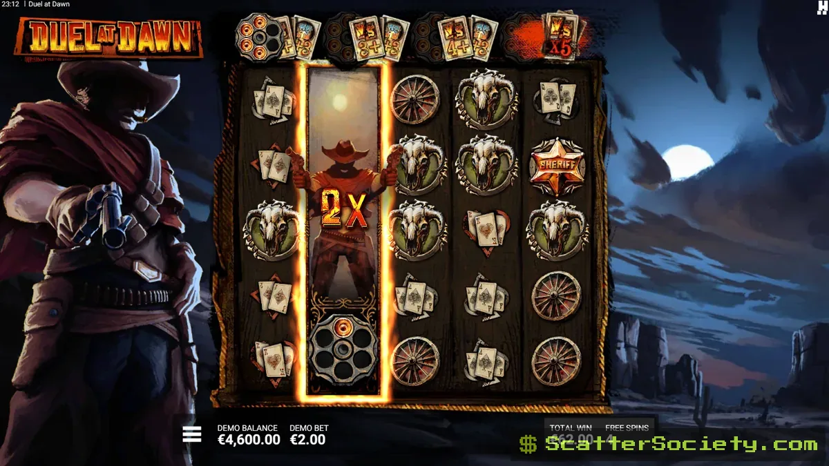 Duel at Dawn Dusk Til Dawn bonus screen showing DuelSpins guaranteeing an increasing number of VS symbols on each successive spin