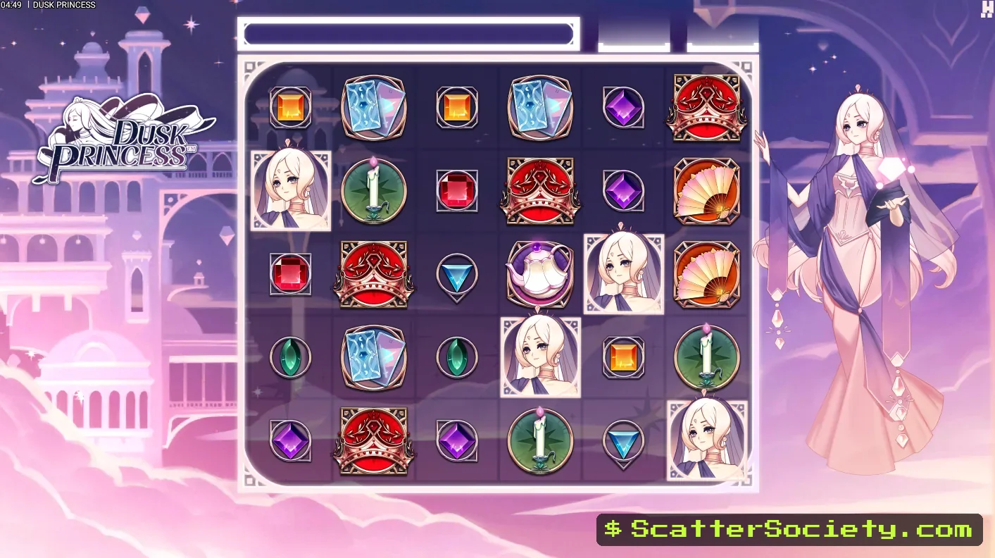 Dusk Princess base game grid showing the Blessing Bar filling up beneath a cluster pays grid of anime themed symbols