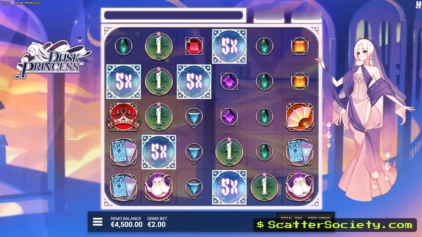 Dusk Princess The Night Court bonus screen showing the Blessing Bar permanently full with 6 multiplier Wilds active