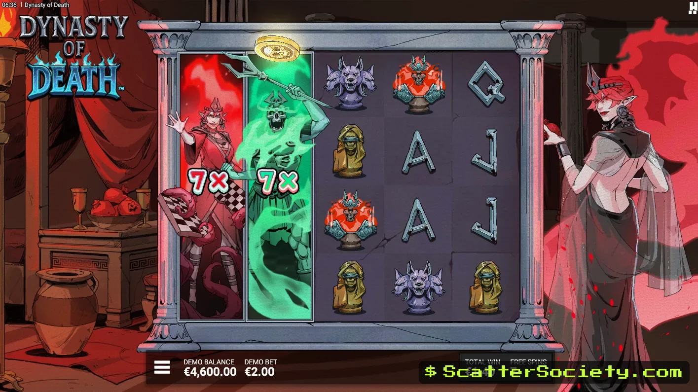 Dynasty of Death Immortal Mate bonus screen showing 2 guaranteed VS symbols and a minimum Cash Prize value