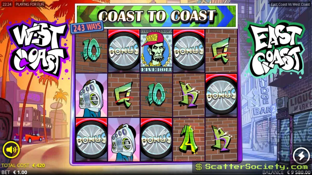 East Coast VS West Coast base game grid showing an Infectious xWays symbol spreading across multiple matching symbols