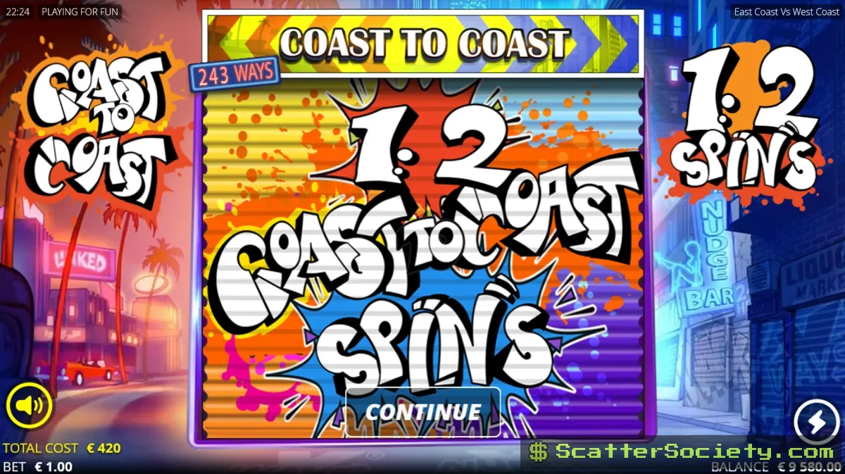 East Coast VS West Coast grid showing Linked Reels synchronizing matching positions alongside an xNudge Wild multiplier