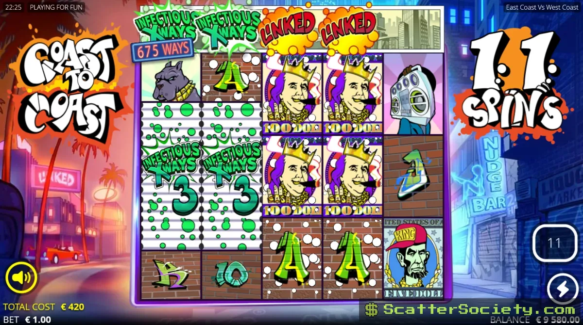 East Coast VS West Coast Coast to Coast Spins bonus screen showing two enhancers active simultaneously across the expanded grid