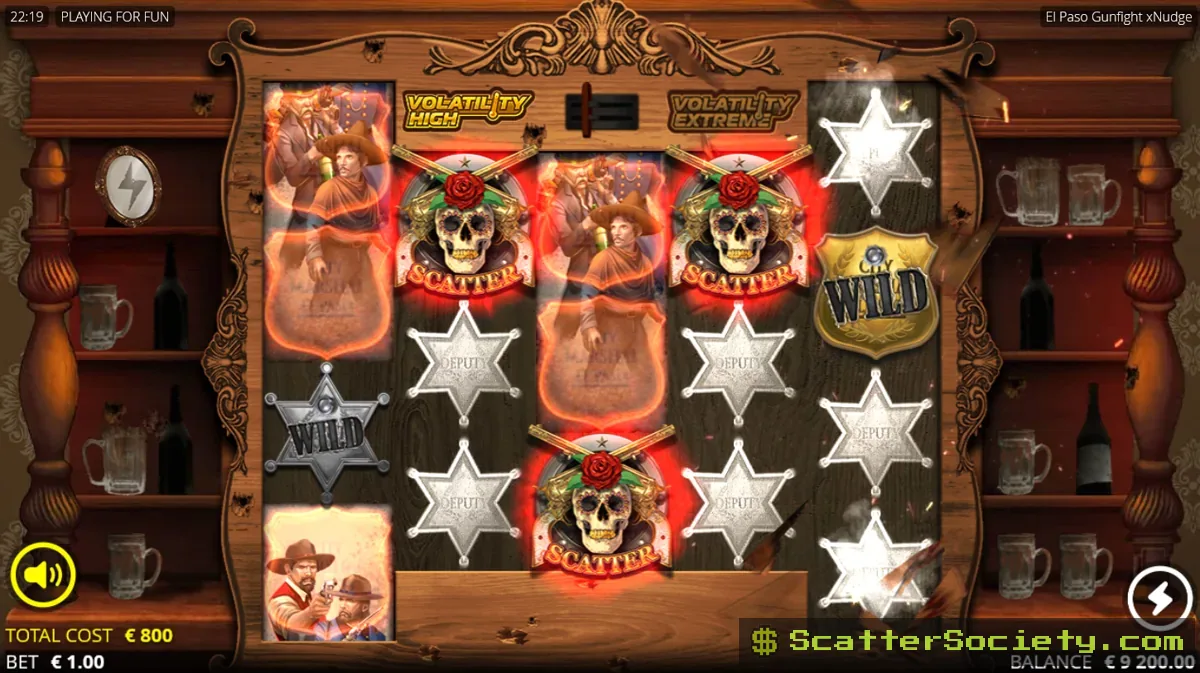 El Paso Gunfight xNudge base game showing the volatility stance switch above the reels alongside a Stoudenmire xNudge Wild