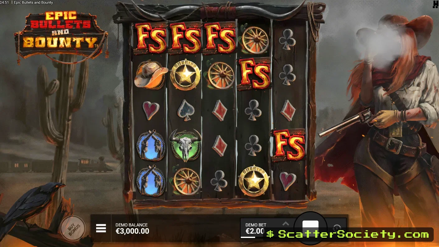 Epic Bullets and Bounty base game grid showing a VS symbol expanding into a DuelReel across the taller 5x5 grid