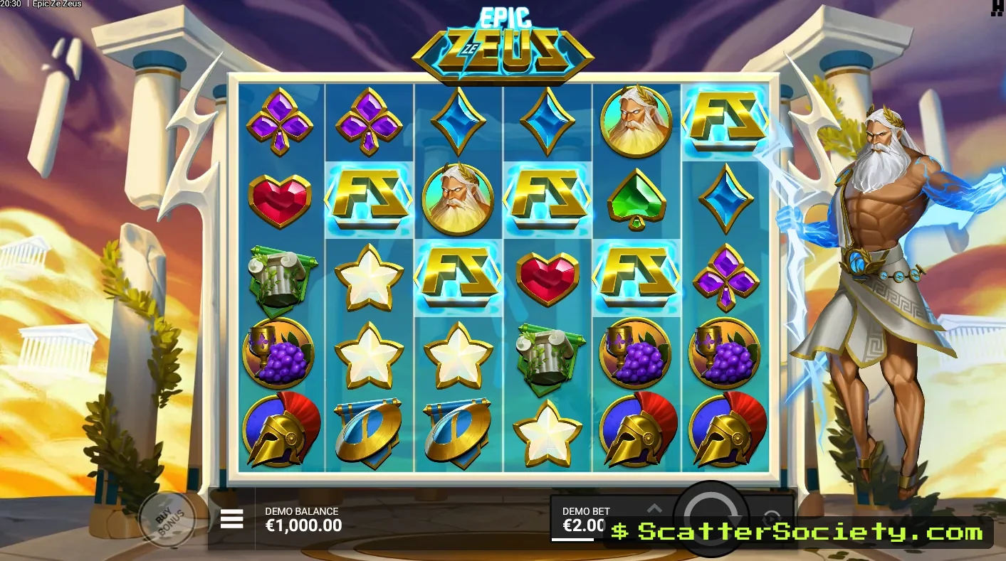 Epic Ze Zeus base game grid showing Divine Squares highlighted after a winning cluster combination