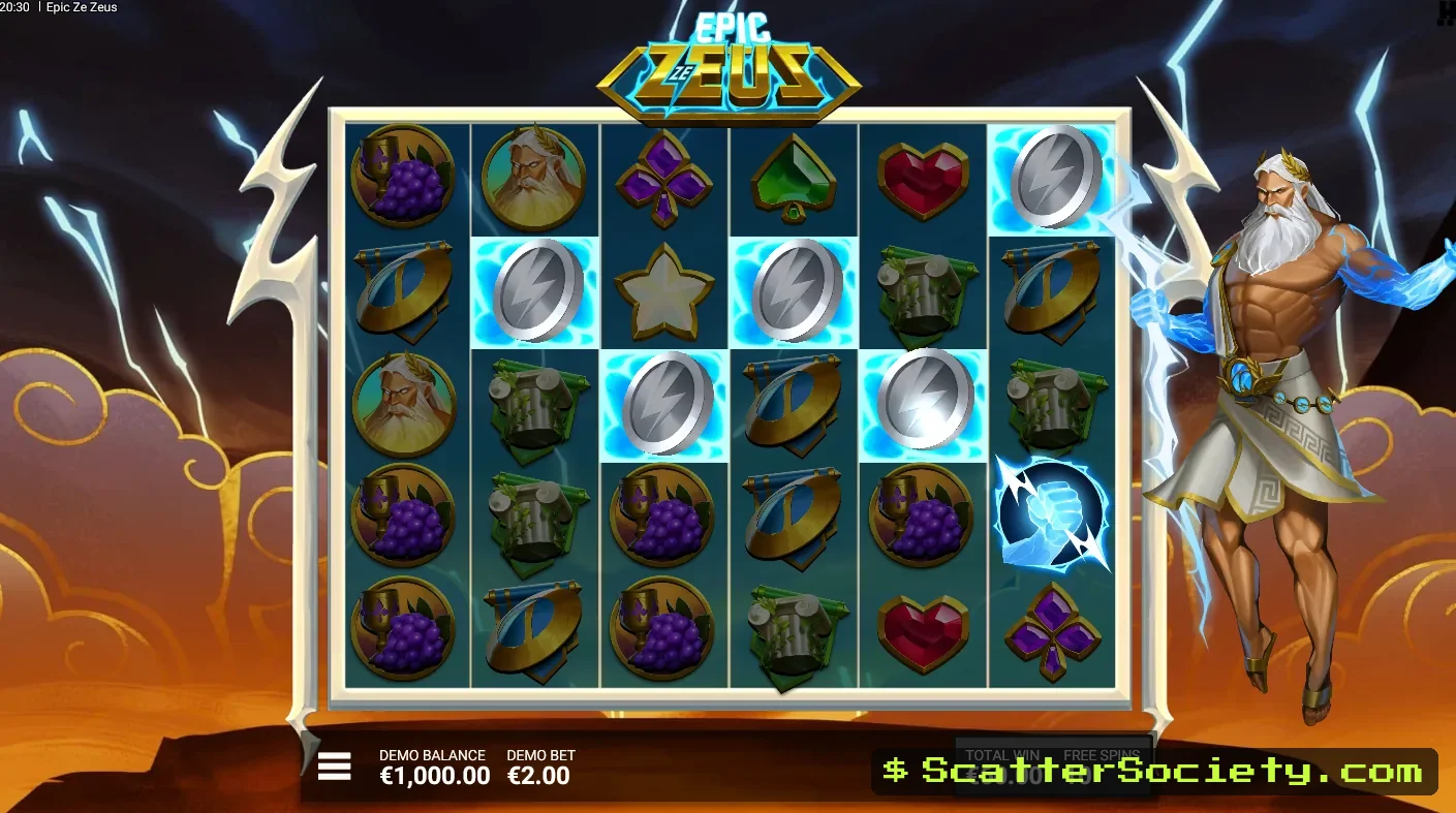 Epic Ze Zeus top tier bonus screen showing a guaranteed Hand of Zeus activation with no Bronze Coins in the reveal pool