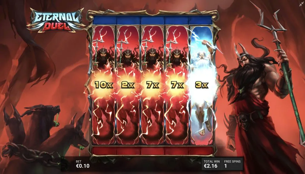 Eternal Duel DuelReels feature with five reels each carrying a random multiplier value from 2x to 10x