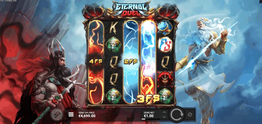 Eternal Duel free spins round showing individual reel free spin counters of 4FS, 2FS and 3FS with lightning effects
