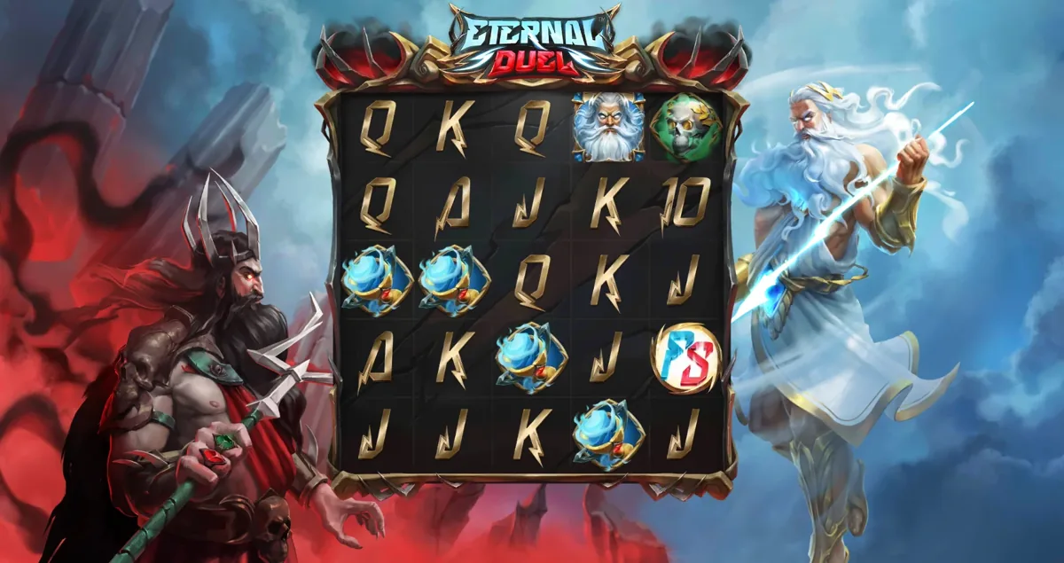 Eternal Duel base game grid showing card royals and the Zeus and Hades character symbols