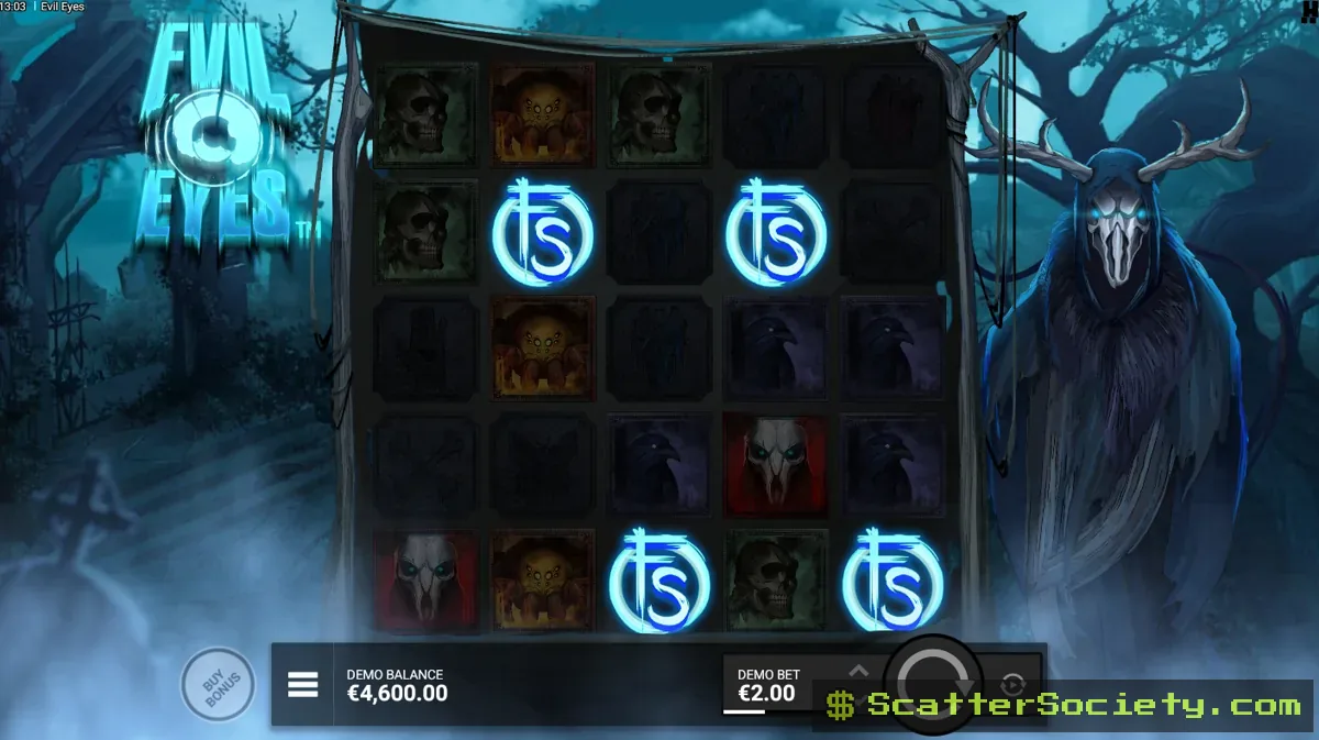 Evil Eyes base game grid showing an Evil Eye symbol positioned beneath a winning combination among gravestone icons