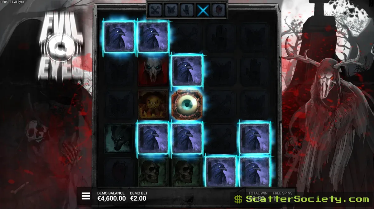 Evil Eyes Wicked Night bonus screen showing multiple Evil Eye spreads chaining together across an extended free spins sequence