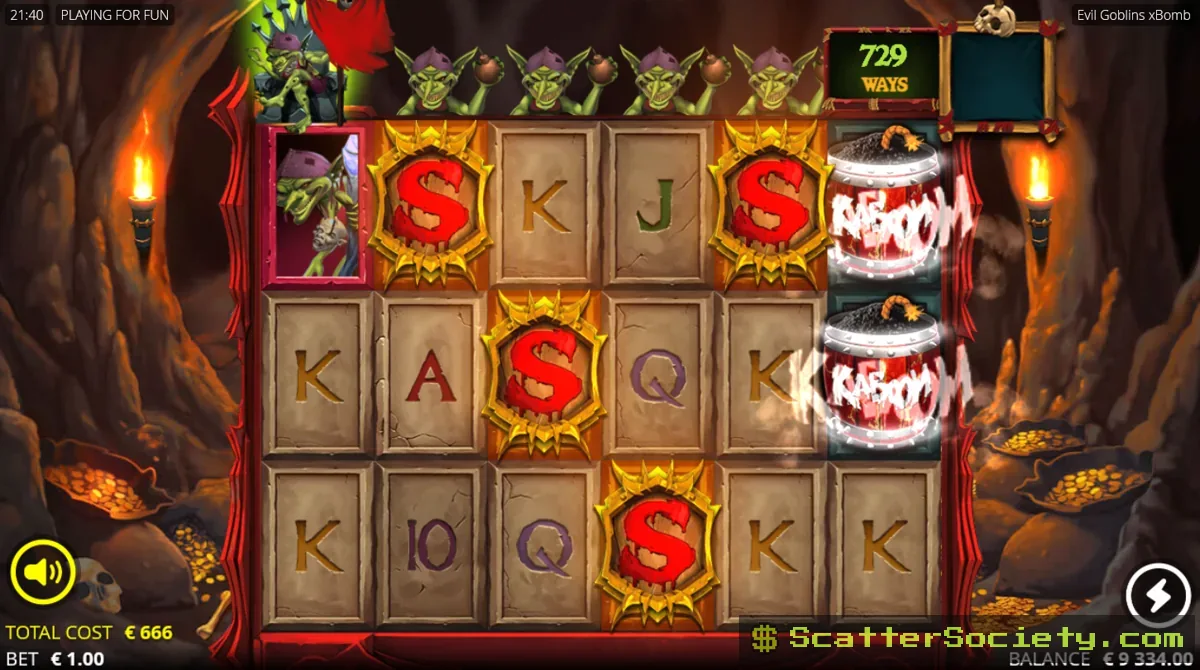 Evil Goblins xBomb base game grid showing a goblin above the reels throwing a grenade at a symbol below, turning it wild