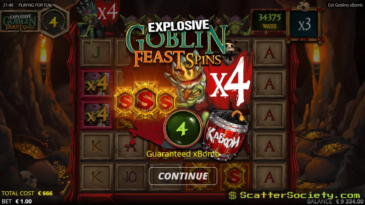 Evil Goblins xBomb grid showing the Resurrection Wild feature triggering with a multiplier value of x55